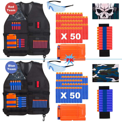 Set 2 X vesta compatibila cu Nerf N-Strike Elite Series, Tactical vest, cu masti, 100 sageti burete, 2 bratari si incarcatoare