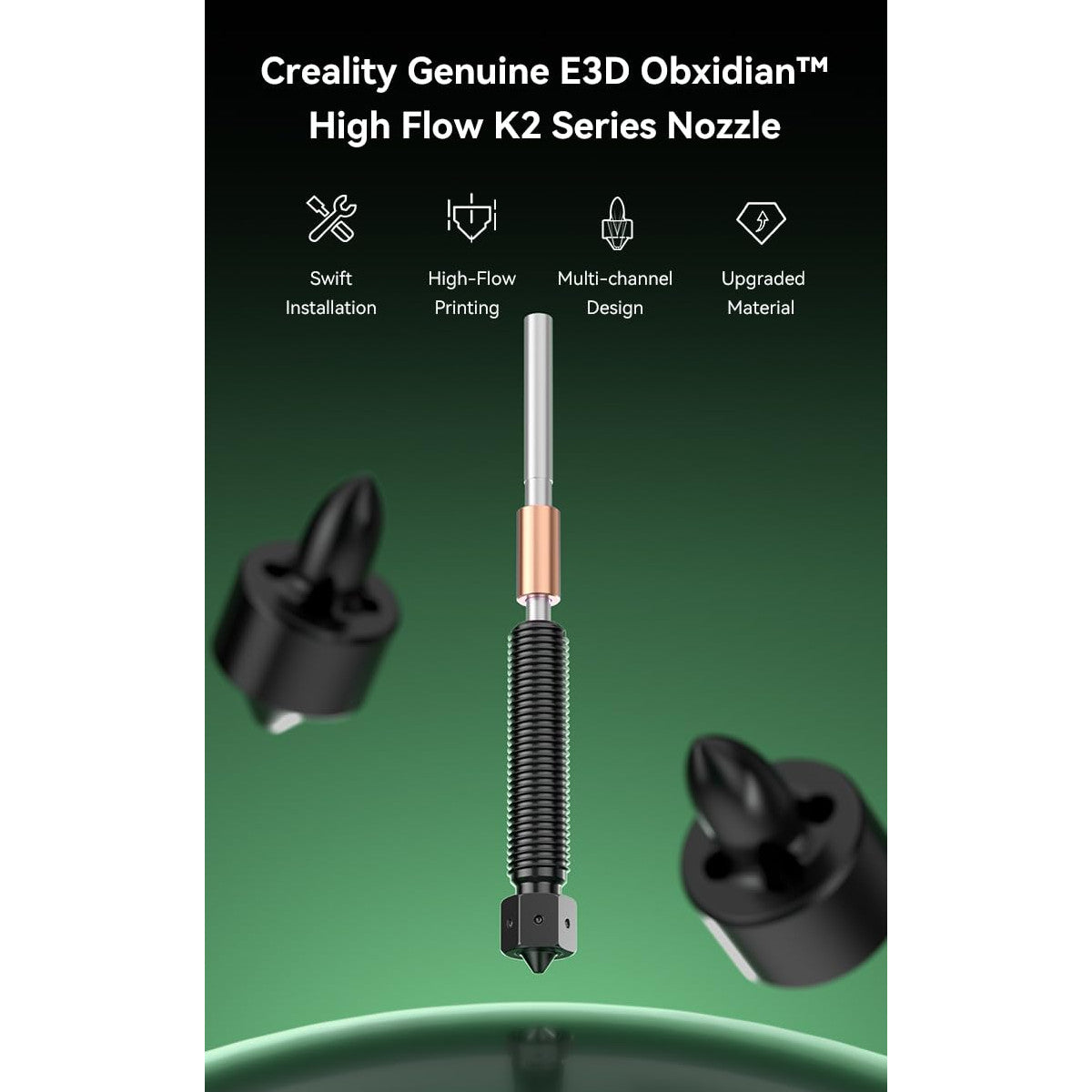 Duza E3D Obsidian 0,6 mm pentru imprimanta 3D Creality K2 – 4 canale High Flow, HeatBreak titan, insertie otel + E3DLC, compatibila abrazive & flex, schimb rapid, performanta stabila