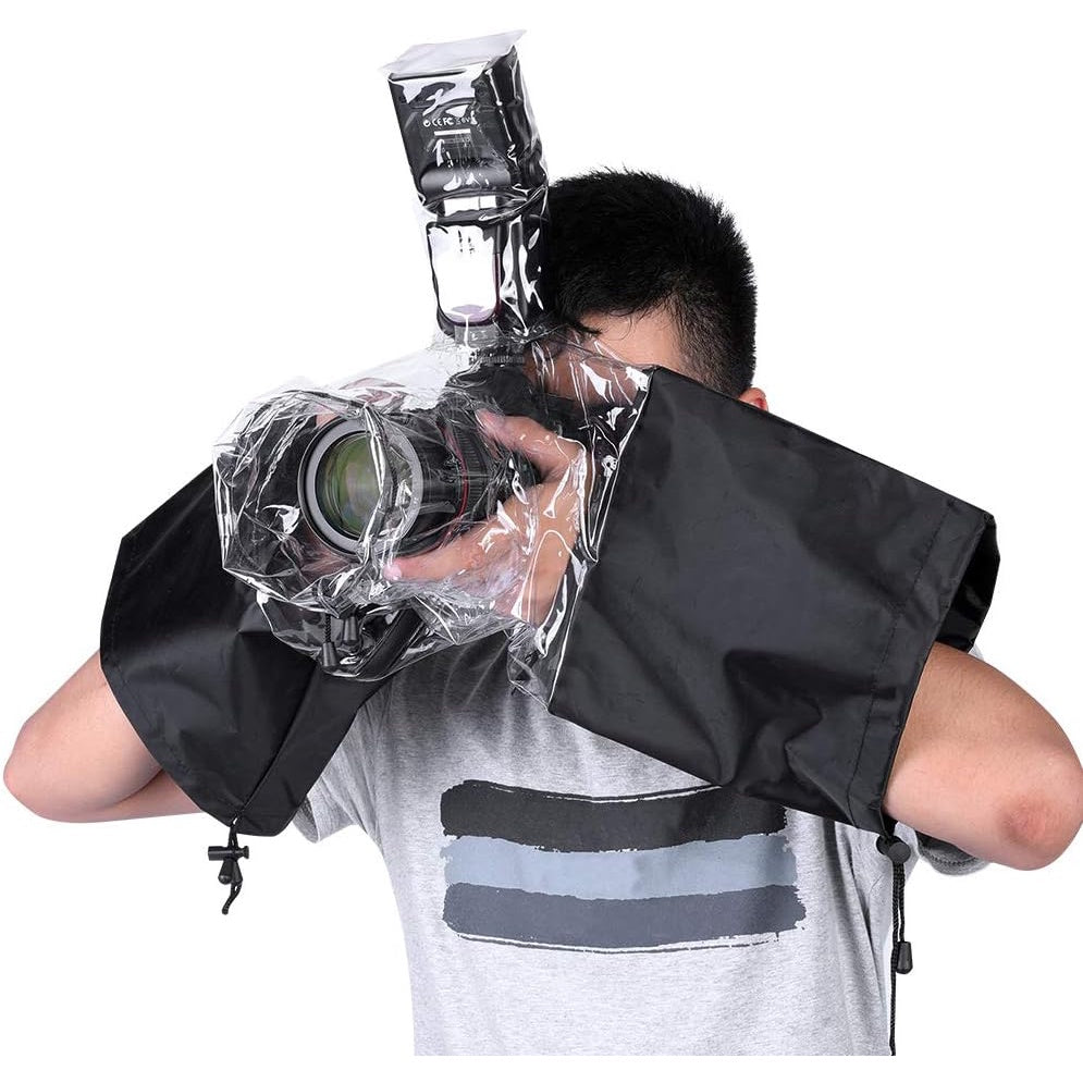 Husa impermeabila pentru aparate foto DSLR, pelerina camera foto si blitz, anti ploaie, transparenta, reglabila prin siret