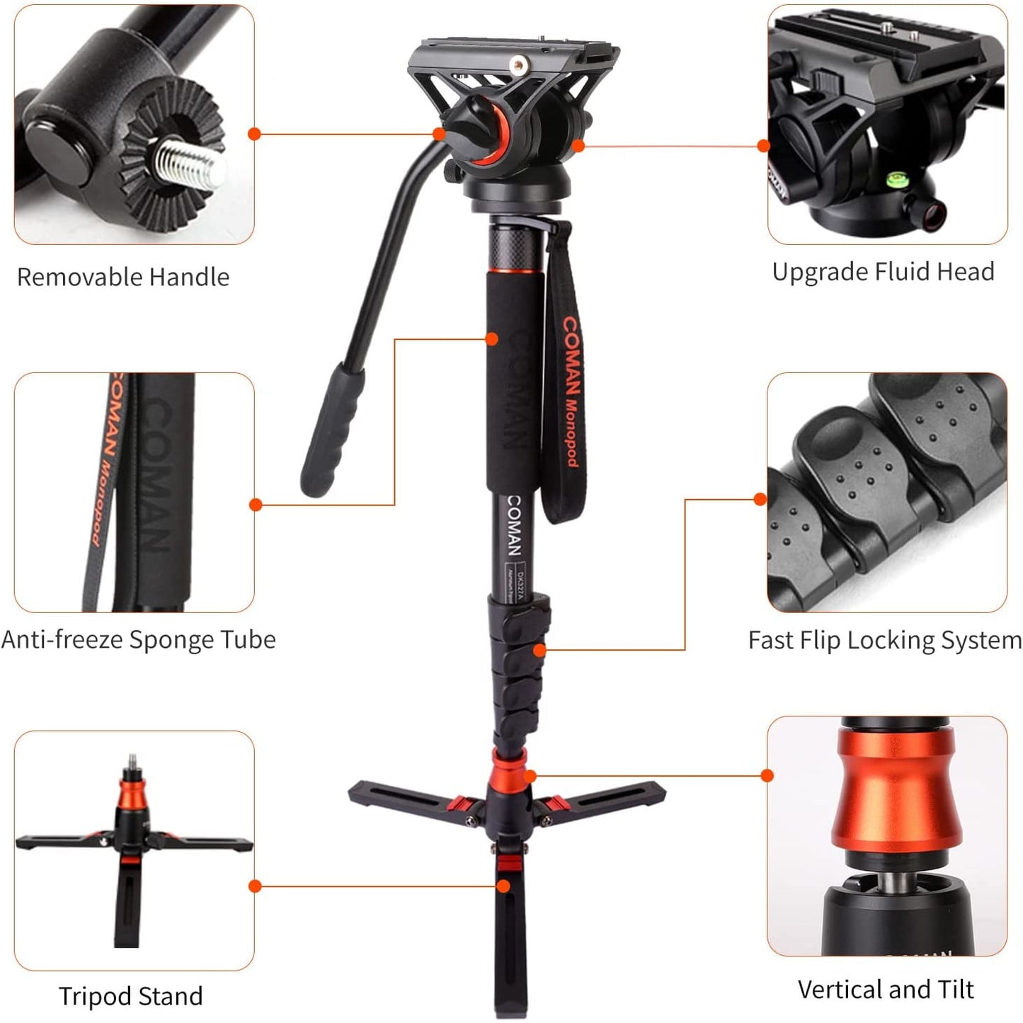 Monopied profesional cu placuta eliberare rapida, cap pivotant 360°, inaltime reglabila 64cm - 180 cm, incarcare maxima 8 kg, stand tip trepied, din aluminiu