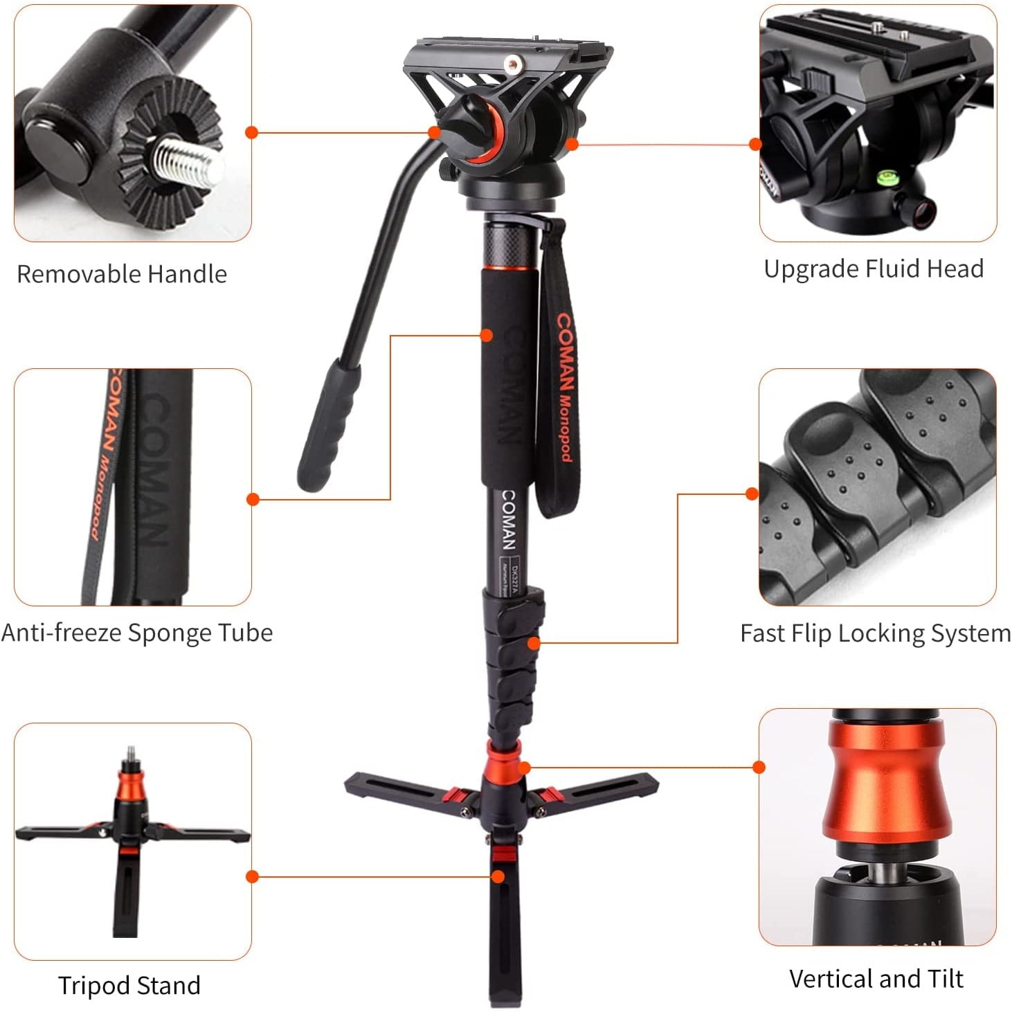 Monopied profesional cu placuta eliberare rapida, cap pivotant 360°, inaltime reglabila 64cm - 180 cm, incarcare maxima 8 kg, stand tip trepied, din aluminiu