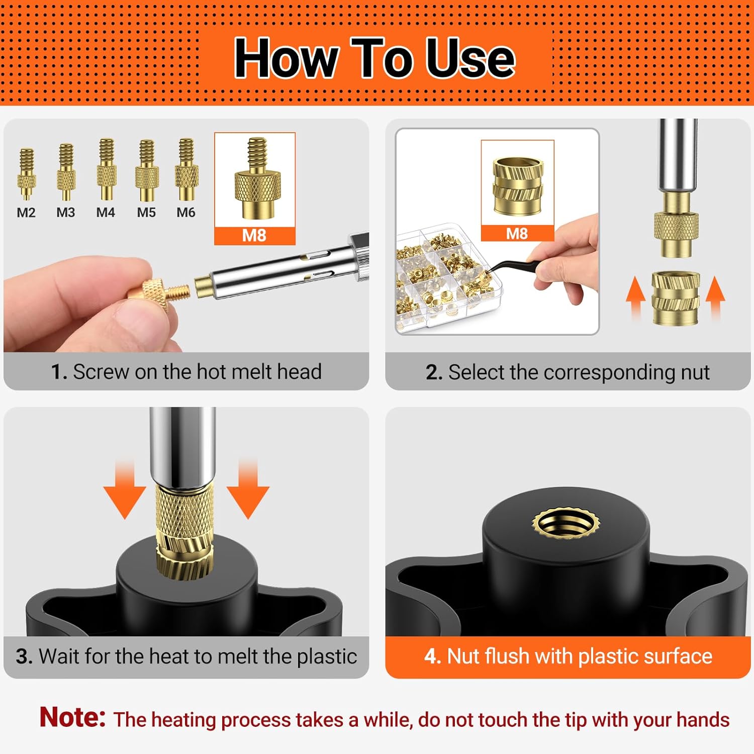 Set varfuri de lipire Preciva cu insertii filetate M2-M8, ciocan de lipit de 60 W, 6 varfuri de lipire + 350 insertii filetate, accesorii profesionale pentru lipit si reparatii DIY