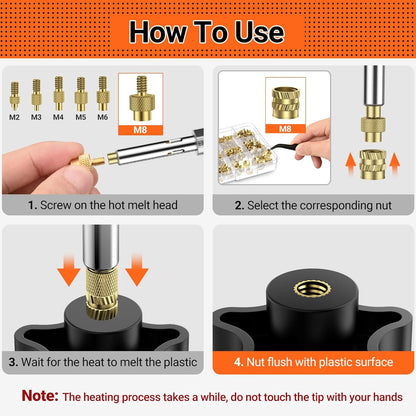 Set varfuri de lipire Preciva cu insertii filetate M2-M8, ciocan de lipit de 60 W, 6 varfuri de lipire + 350 insertii filetate, accesorii profesionale pentru lipit si reparatii DIY