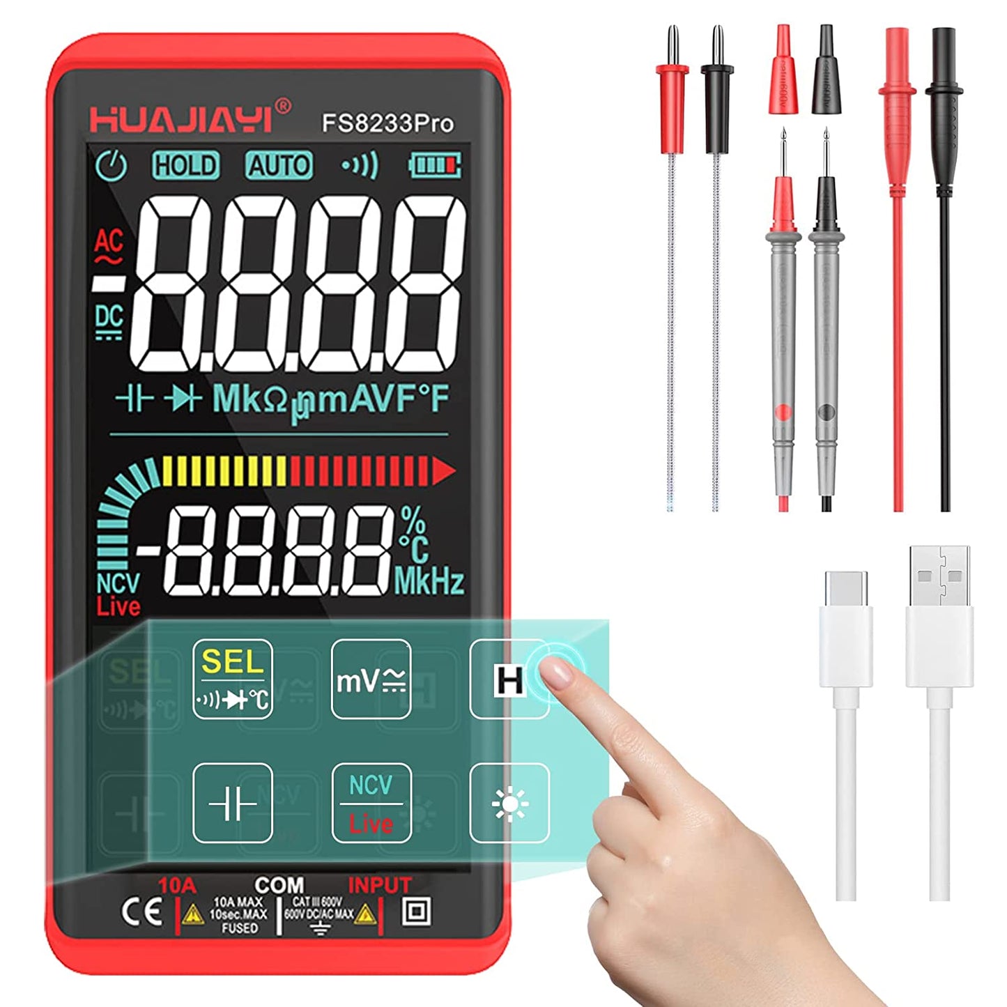 Multimetru digital smart cu touchscreen, selectare automata a parametrilor, tester AC/DC True RMS, 10000 counts, NCV, masoara curent, rezistenta, continuitate, capacitate, dioda, temperatura, frecventa