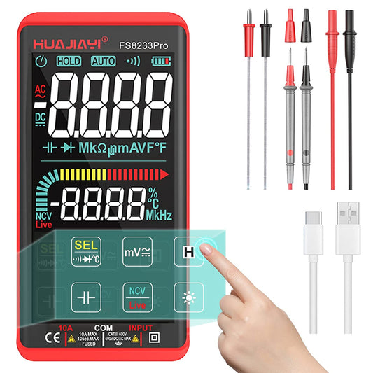 Multimetru digital smart cu touchscreen, selectare automata a parametrilor, tester AC/DC True RMS, 10000 counts, NCV, masoara curent, rezistenta, continuitate, capacitate, dioda, temperatura, frecventa