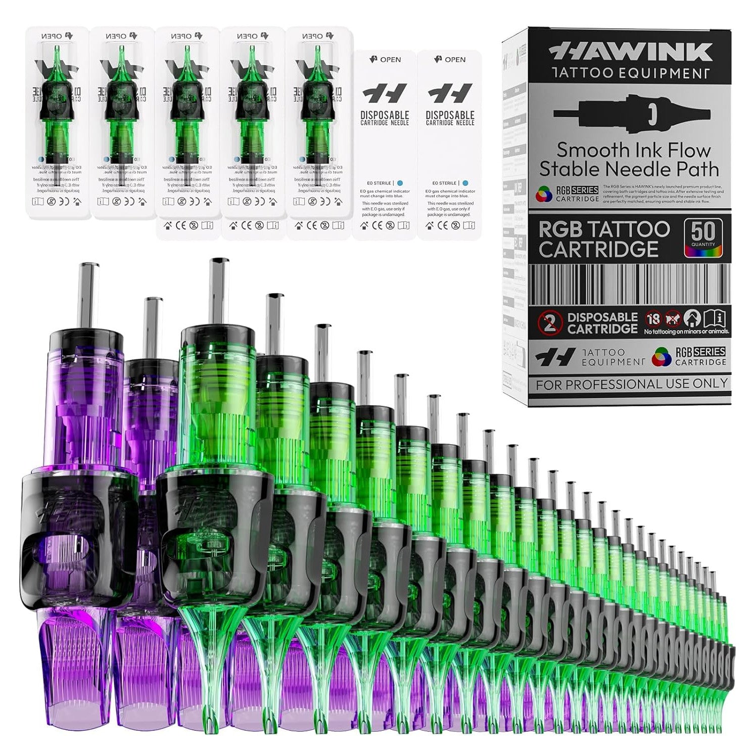 Set 50 ace de tatuat profesionale HAWINK unica folosinta #10 Bugpin rotunde Liner/Shader/Magnum 0, 30 mm, 10 tipuri modul ace 3RL, 5RL, 7RL, 3RS, 5RS, 7RM, 9RM, 11RM, 13RM, 15RM din otel inoxidabil – accesorii profesionale EN20-FG-50KIT-N