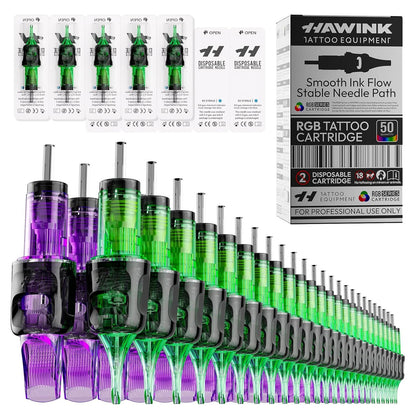 Set 50 ace de tatuat profesionale HAWINK unica folosinta #10 Bugpin rotunde Liner/Shader/Magnum 0, 30 mm, 10 tipuri modul ace 3RL, 5RL, 7RL, 3RS, 5RS, 7RM, 9RM, 11RM, 13RM, 15RM din otel inoxidabil – accesorii profesionale EN20-FG-50KIT-N