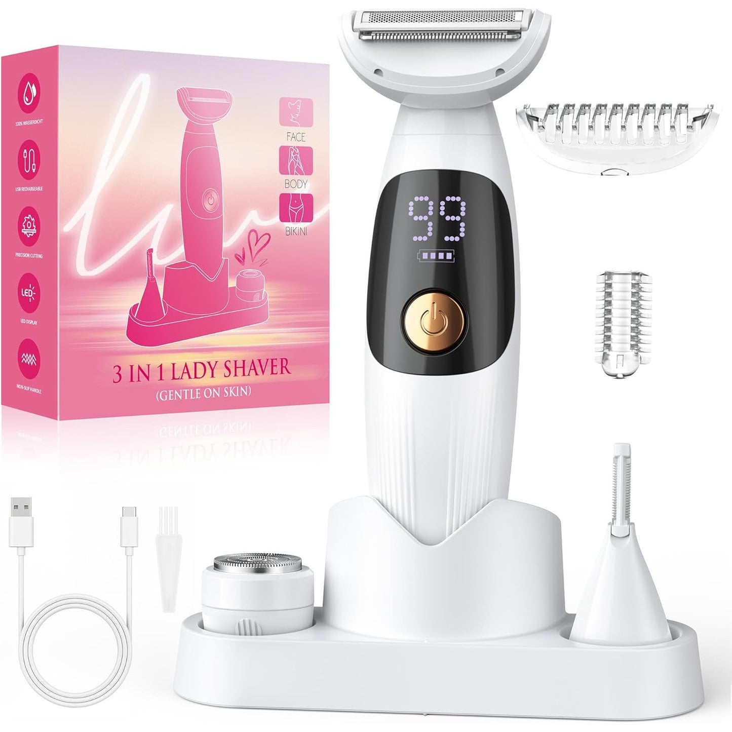 Aparat de ras electric pentru femei 3 in 1, afisaj LED, rezistent la apa IPX7, USB-C reincarcabil, pentru bikini, axile si fata, fara iritatii, pentru piele sensibila, utilizare umed/uscat, alb