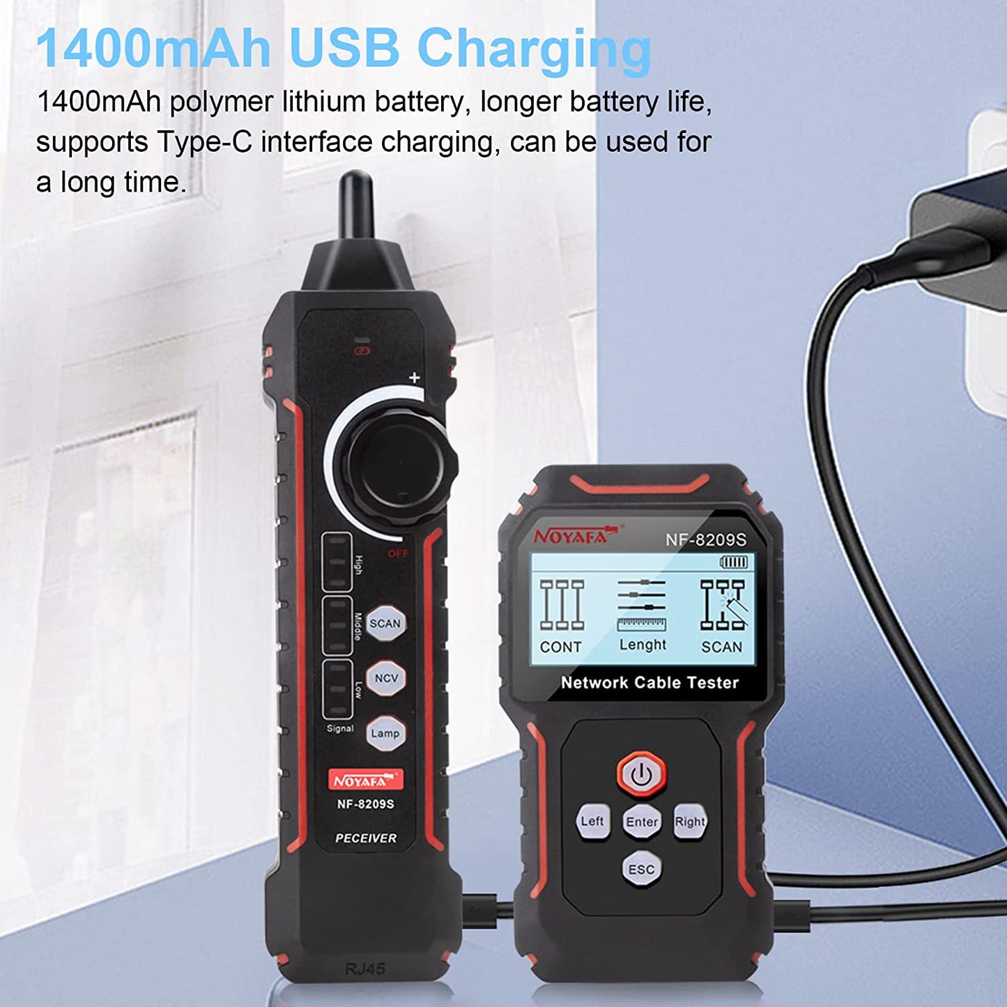 Tester cablu de retea, cu PoE si NCV, test de lungime a cablului UTP CAT 5/ CAT 6, display LCD, incarcare USB-C, lanterna LED si mufa jack