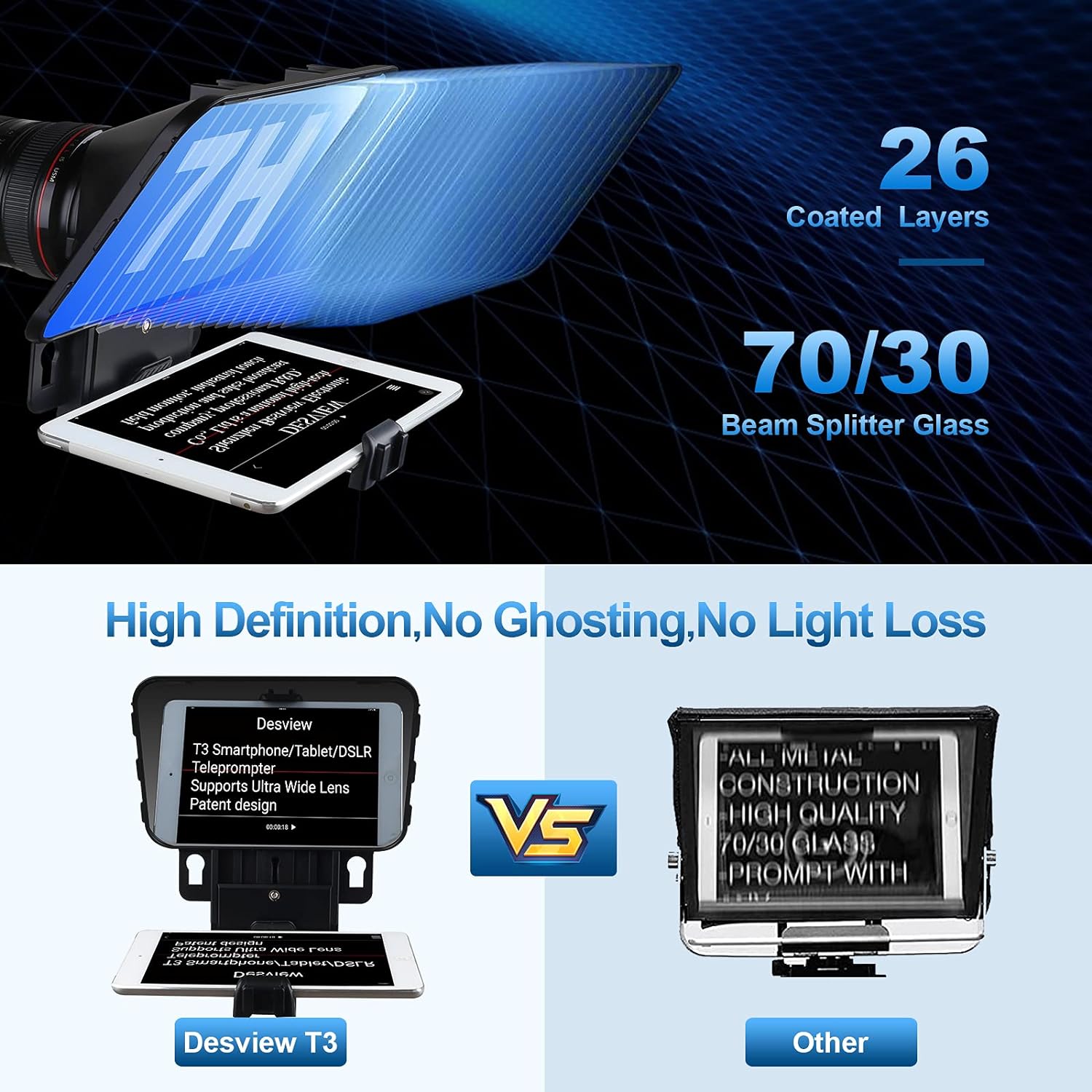 Kit teleprompter cu telecomanda si adaptoare obiectiv, pentru smartphone si tableta pana la 11 inch, cu aplicatie dedicata, pentru camere DSLR si smatphone
