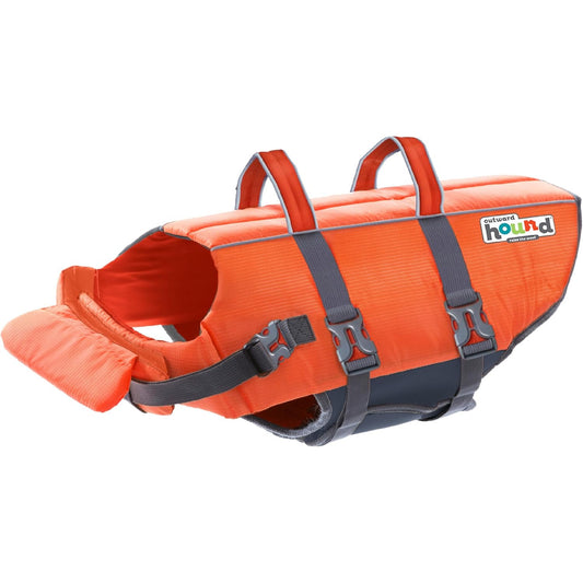 Vesta de salvare pentru caini marimea XL, Outward Hound Granby Splash, greutatea minima 38 kg, portocaliu, cu accente reflectorizante, bretele reglabile, banda abdominala si maner de transport pentru salvare