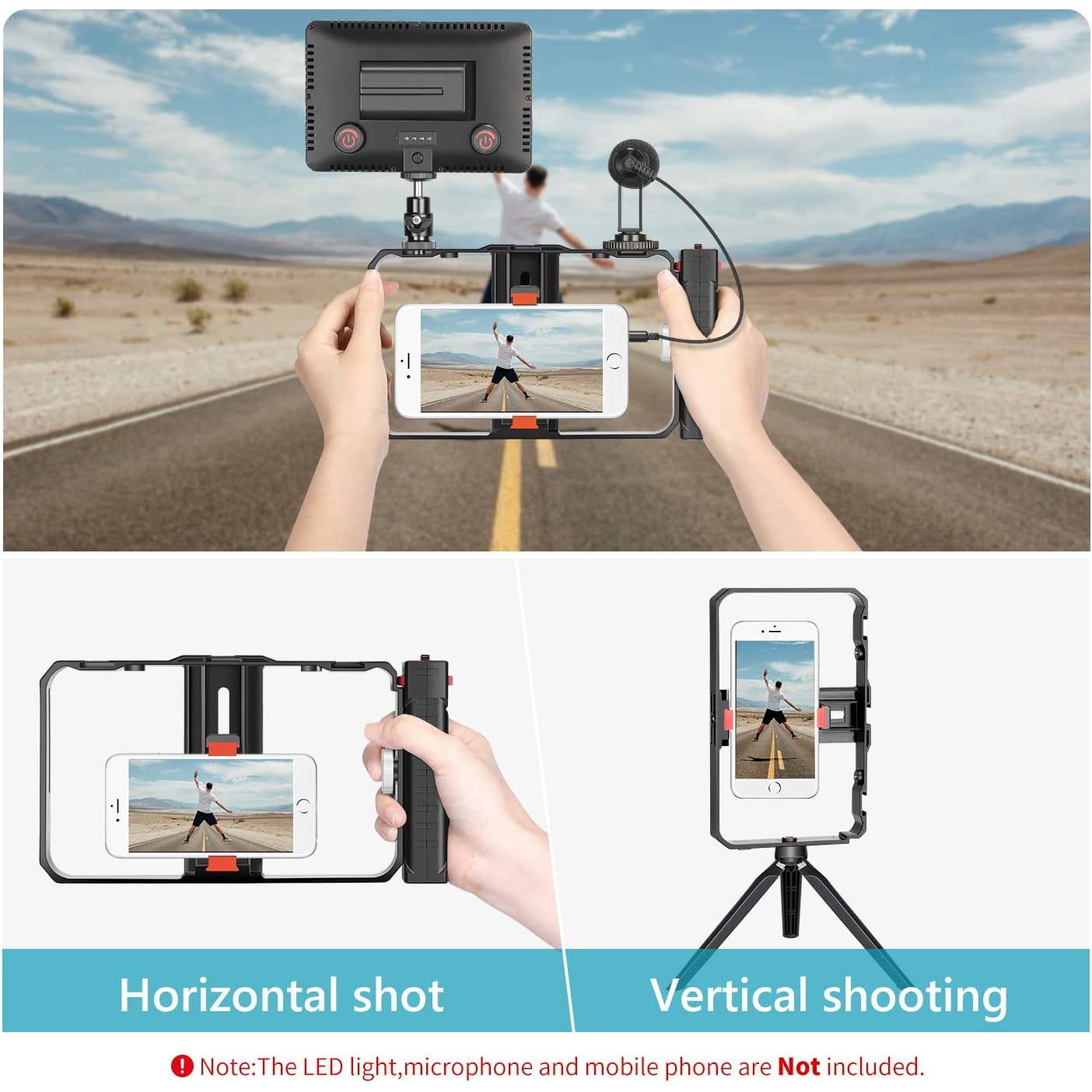 Cadru video rig pentru smartphone cu filet 1/4, utilizare orizontala sau verticala, montare trepied, din Aluminiu prelucrat CNC, pentru iPhone 11 Pro, 11 Pro Max, X, Xs, Huawei, Samsung
