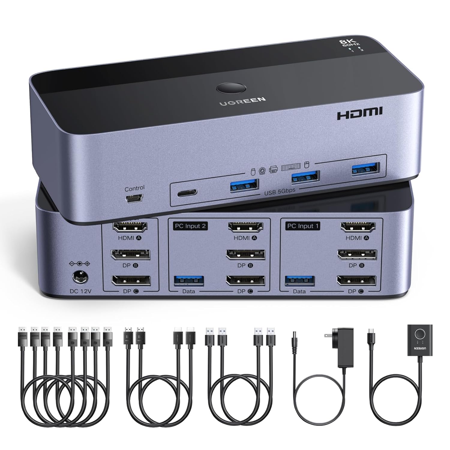 Comutator KVM UGREEN pentru 2 PC-uri si 3 monitoare, HDMI 2.1 + 2x DisplayPort 1.4, rezolutie 8K@60Hz / 4K@240Hz, 4 porturi USB 3.0 5Gbps, controler Desktop si buton comutare, compatibil Windows/Linux, HDR10, G-Sync, VRR, include cabluri