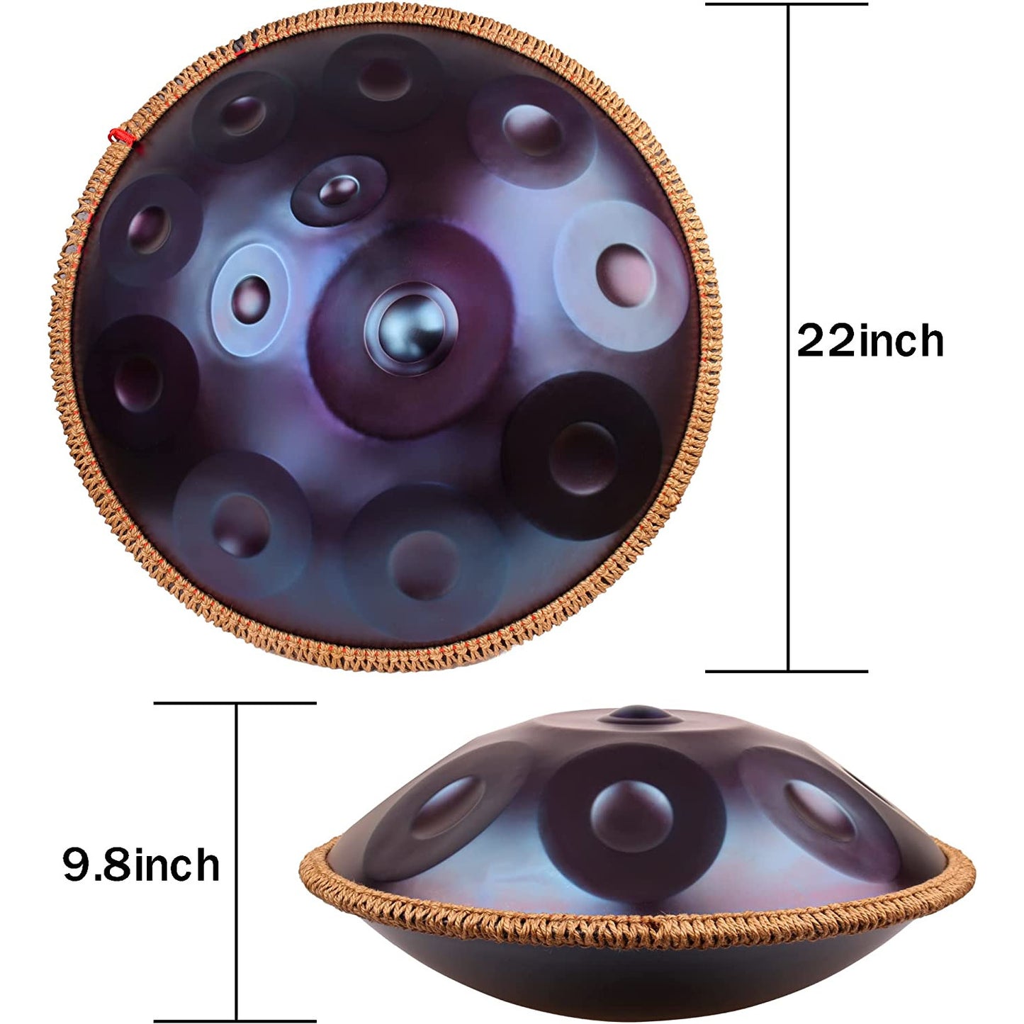 Instrument muzical Handpan cu 12 note in re major, hand drum 22 inch cu husa de depozitare si transport, albastru