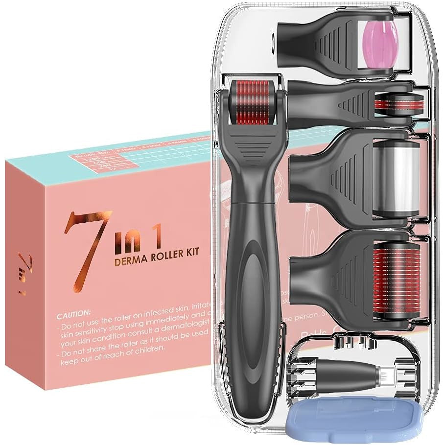 Rola Dermatologica 7 in 1 Dermaroller cu capete interschimbabile Roller Jade, Ice Roller, pentru intinerirea pielii, ingrijirea fetei, antirid, caderea parului, cresterea barbii, masaj, negru