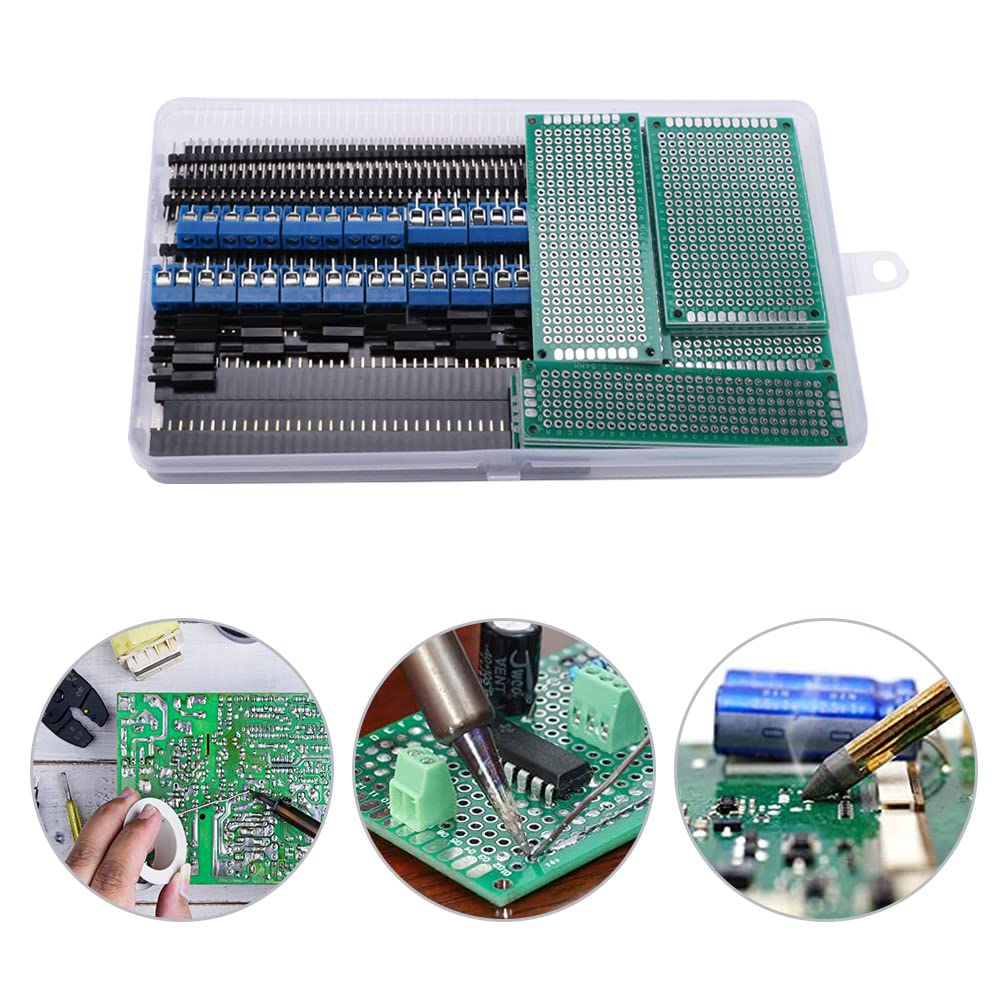 Kit prototipare PCB VooGenzek 75 piese, 20 placi PCB fata-verso 2.54 mm, conectori Header mascul/femela, terminale cu surub 2 si 3 pini, distantiere Nylon, pentru arduino si electronice DIY