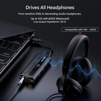 Amplificator casti MECHEN AP10 DAC portabil cu ES9028Q2M + ES9603Q, suport 384kHz/DSD256, iesiri 3.5mm si 4.4mm balanced, USB-C, compatibil Android/iOS/Windows/macOS, OLED 0.87”, SNR 120dB, Hi-Res Audio pentru telefon, PC si laptop