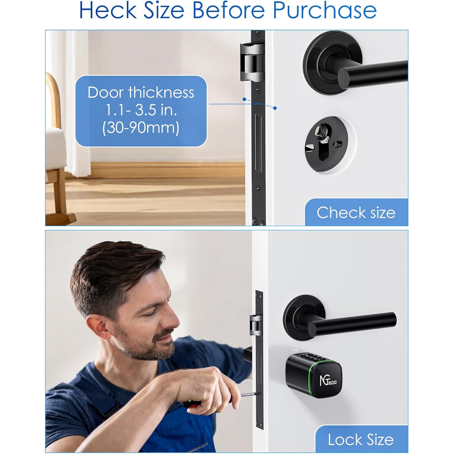 Butuc incuietoare smart, cilindru ajustabil cu cod de acces, aplicatie dedicata, card IC si cheie, pentru usi de la 30-90 mm, negru