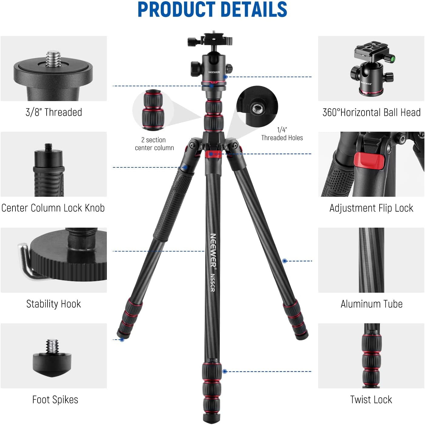 Trepied 2 in 1 monopied din fibra de carbon de 205 cm, cu cap bila 360° cu patina quick release tip arca 6,35 mm, inaltime reglabila 68 cm - 205 cm, greutate maxima suportata 12 kg, Neewer N55 CR