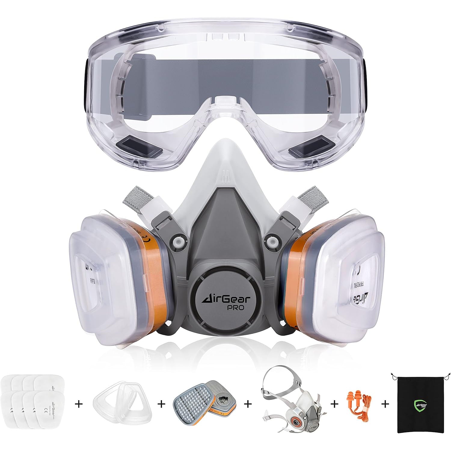 Masca respiratorie AirGearPro G-500 cu filtru A1P2 si P2, semimasca protectie cu sistem dublu de filtrare, pentru vopsire, slefuire, constructii, praf fin, gaze si vapori, reutilizabila, cu curele reglabile