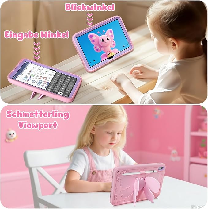 Husa Vunake tip fluture pentru iPad 11/10, cureaua de umăr detasabilă, suport stilou, roz