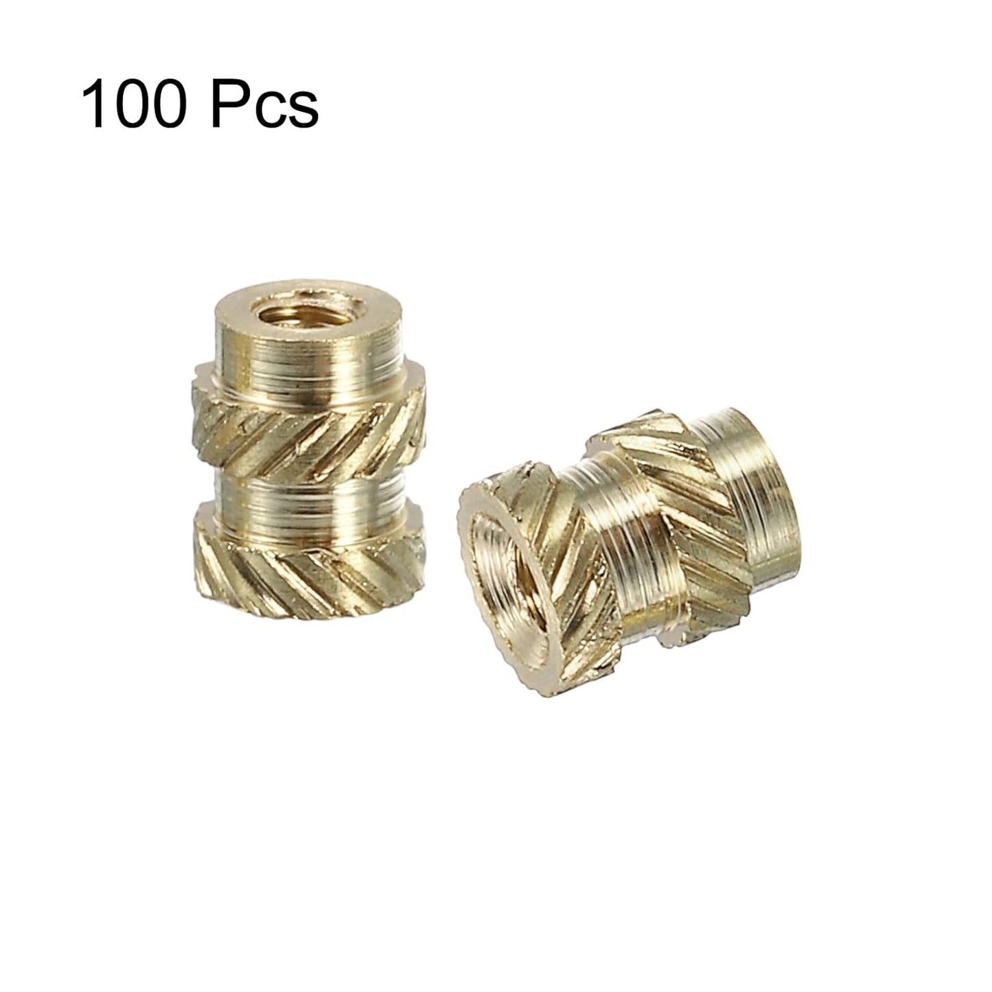 Insertii filetate din alama QUARKZMAN M1 x 0.25, Ø2 x 2.5 mm, set 100 buc, piulite moletate termofixabile, heat set inserts pentru plastic si imprimare 3D, filet metric interior, montaj prin caldura sau ultrasunete, rezistente la coroziune