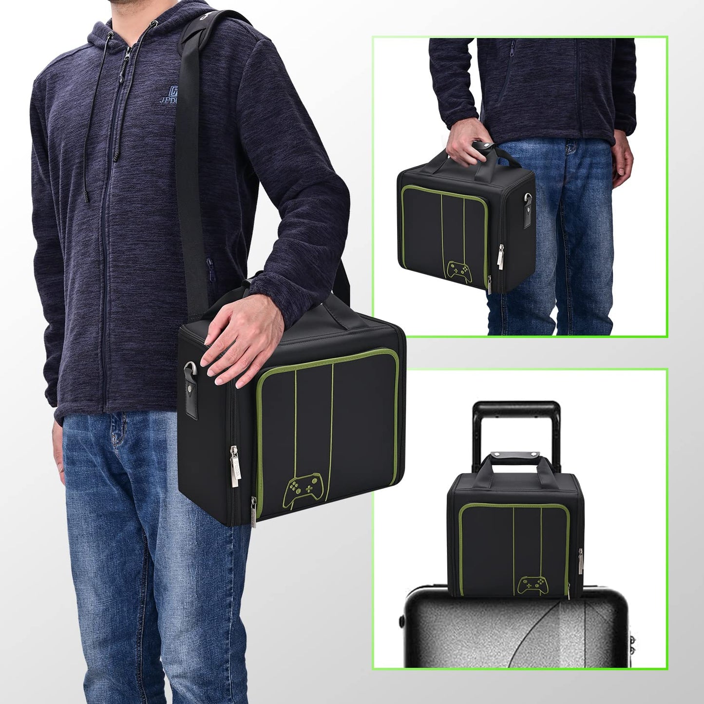 Geanta pentru Xbox Series X/S, cu skin controller, pliabila, cu pereti rigizi, maner si curea de umar, rezistenta la socuri, design ergonomic, pentru consola si accesorii, neagra