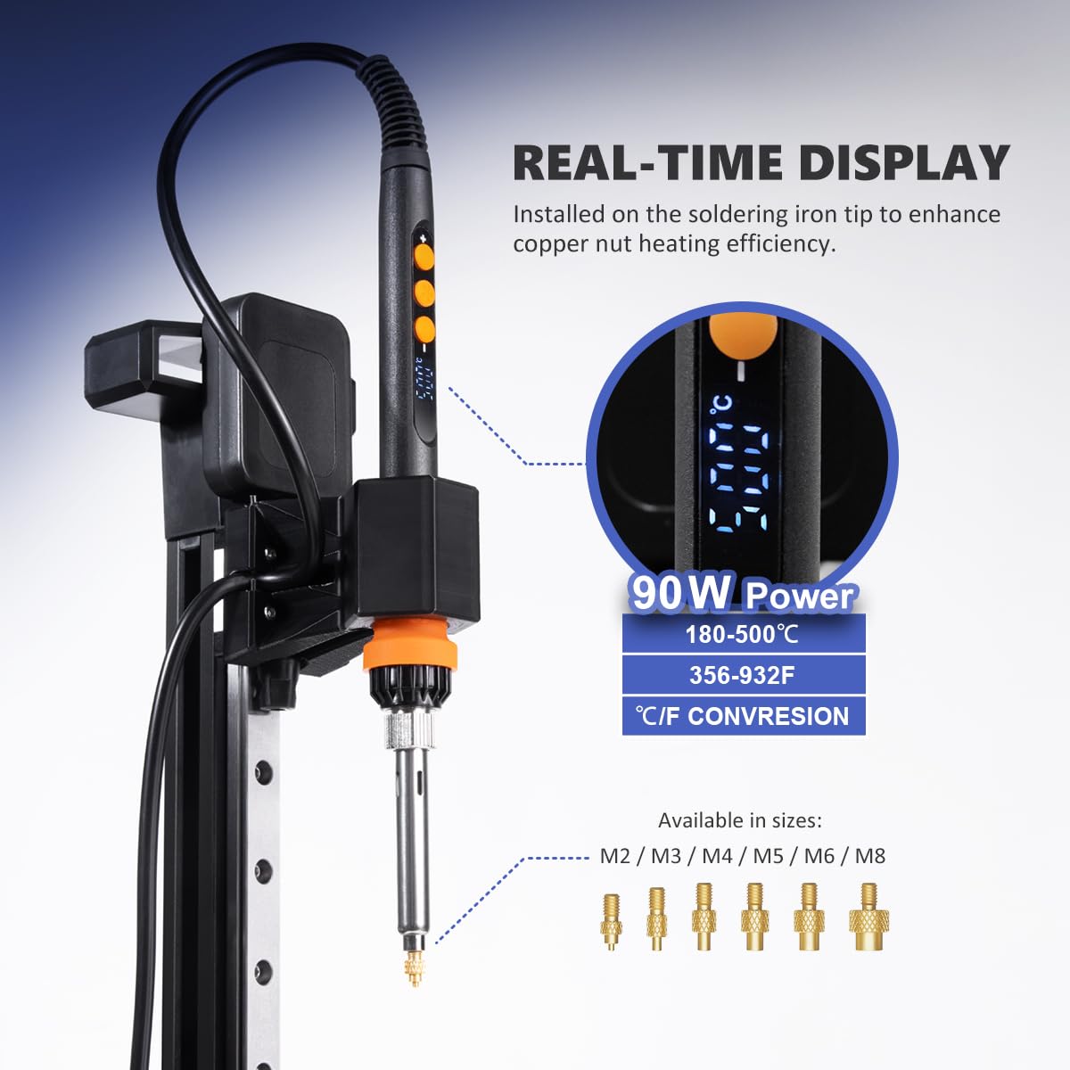 Instrument profesional de insertie termica PRO Heat Set 90W, kit complet topire insertii filetate, ghidaj liniar 210 mm, suport reglabil pe inaltime, afisaj digital 180-500°C, set 30 insertii M3 + 6 varfuri M2-M8, pentru imprimare 3D PLA/ABS/PETG