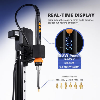 Instrument profesional de insertie termica PRO Heat Set 90W, kit complet topire insertii filetate, ghidaj liniar 210 mm, suport reglabil pe inaltime, afisaj digital 180-500°C, set 30 insertii M3 + 6 varfuri M2-M8, pentru imprimare 3D PLA/ABS/PETG