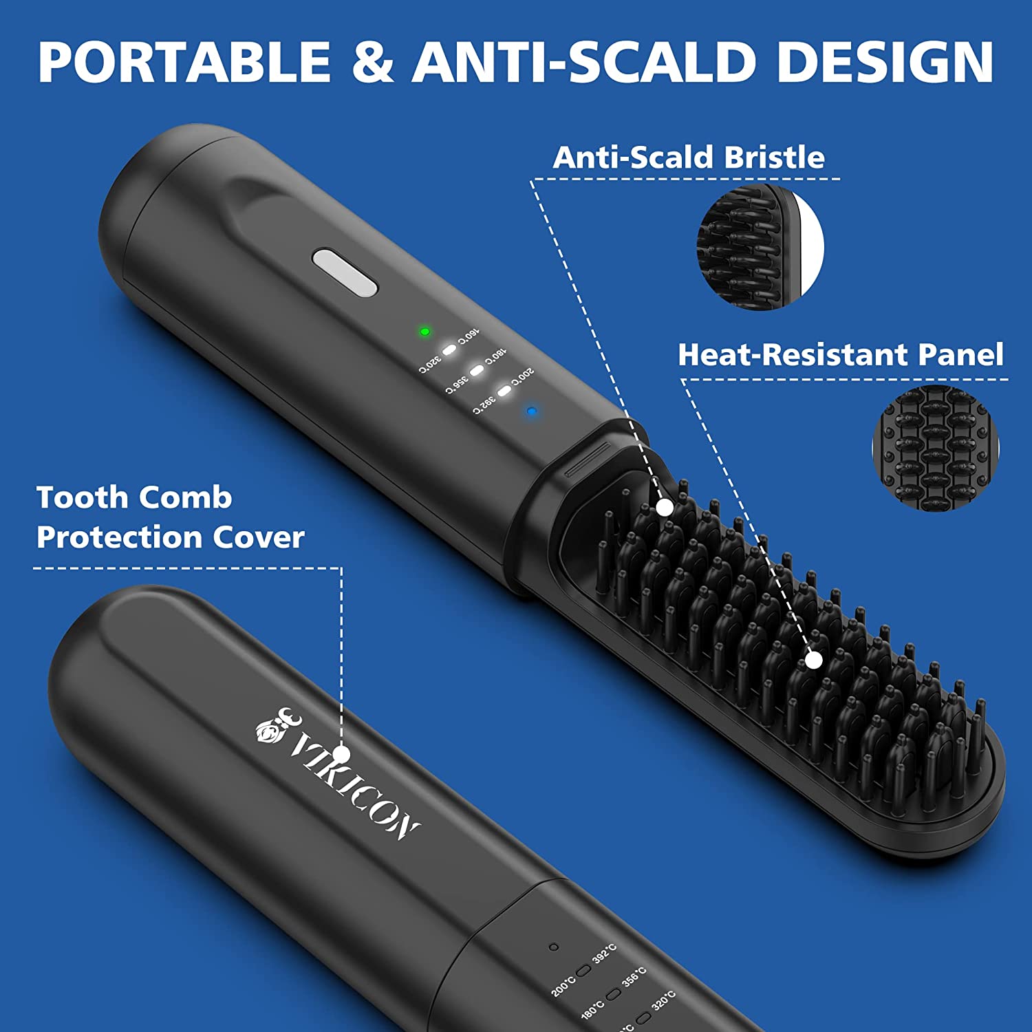 Perie electrica pentru barba si indreptat parul fara fir, cu incalzire rapida, 2 in 1 pentru barba si pieptene de par, reglabila pana la 200 ° C, pentru barbati si femei