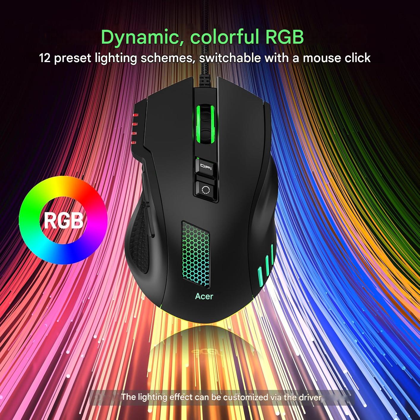 Mouse Gaming cu fir, 12800 DPI, 8 butoane programabile si macrocomenzi, buton declansare rapida reglabil, ergonomic cu suport silicon, RGB 12 presetari, rata interogare 1000 Hz – Ideal PC si Laptop