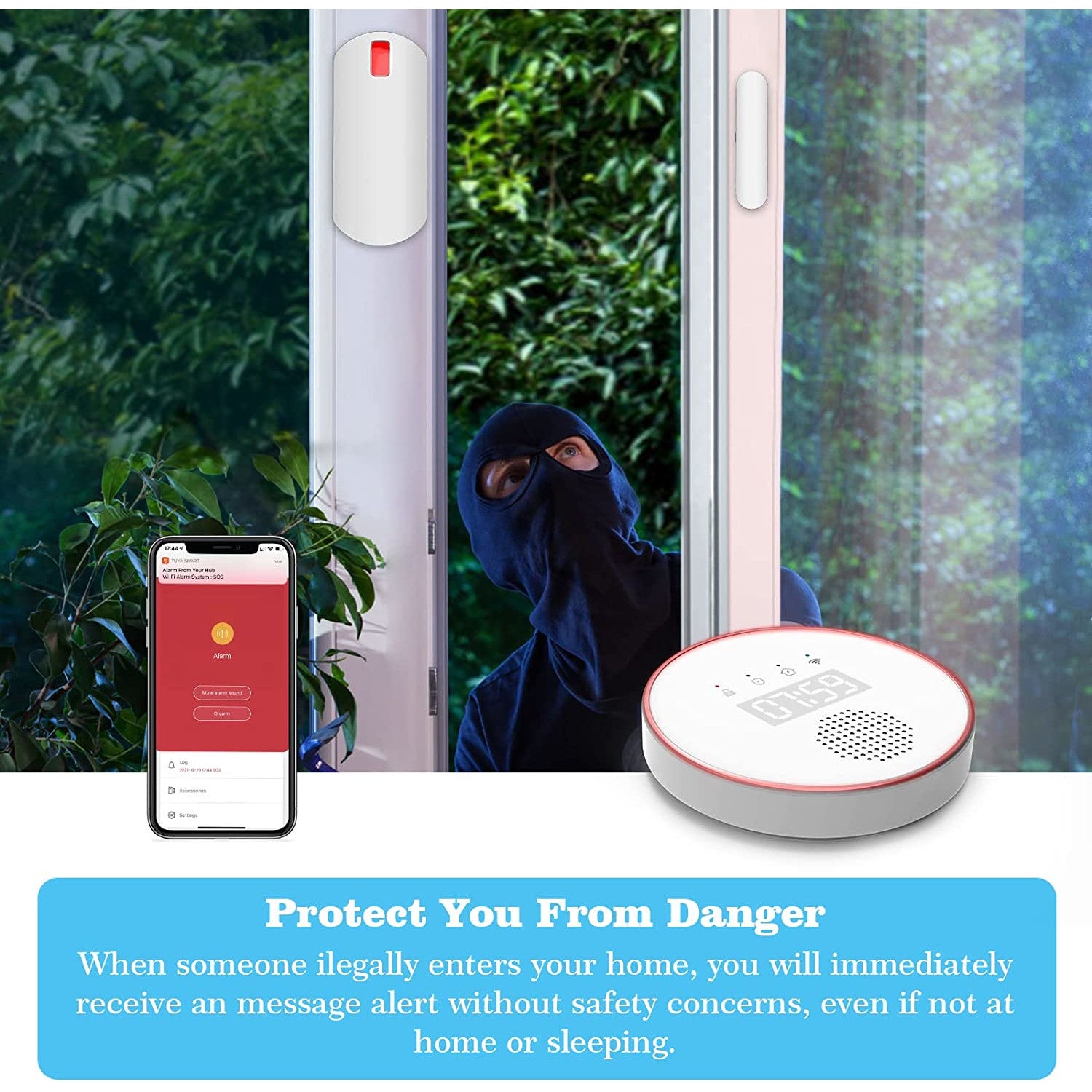 Sistem de alarma WiFi smart, pentru usi si ferestre, cu 10 senzori, magnetici, senzor de miscare, 2 telecomenzi, sirena 120 dB si unitate centrala cu afisaj si iluminata