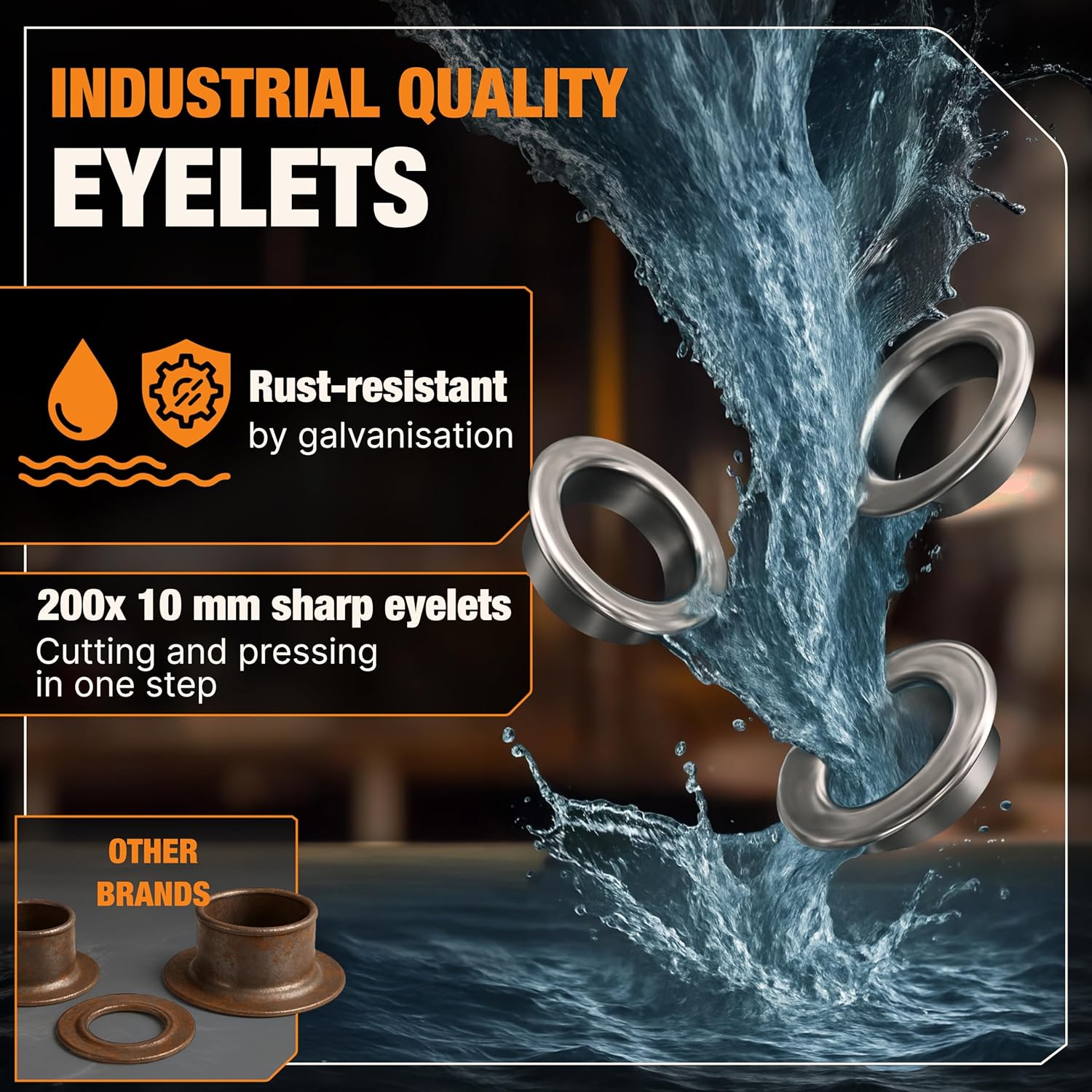 Cleste pentru ocheti, cu 200 inele de fixare prelate antirugina (diametru 10 mm) pentru PVC, material textil, piele, fara pre-perforare, prindere capse, unealta din otel carbon