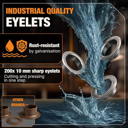 Cleste pentru ocheti, cu 200 inele de fixare prelate antirugina (diametru 10 mm) pentru PVC, material textil, piele, fara pre-perforare, prindere capse, unealta din otel carbon