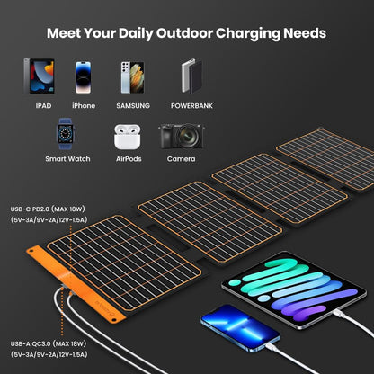 Panou solar portabil 40W cu USB-A si USB-C PD2.0, pliabil, ETFE monocristalin, IP67, incarcator solar pentru telefoane si gadgeturi, ideal pentru camping si drumetii