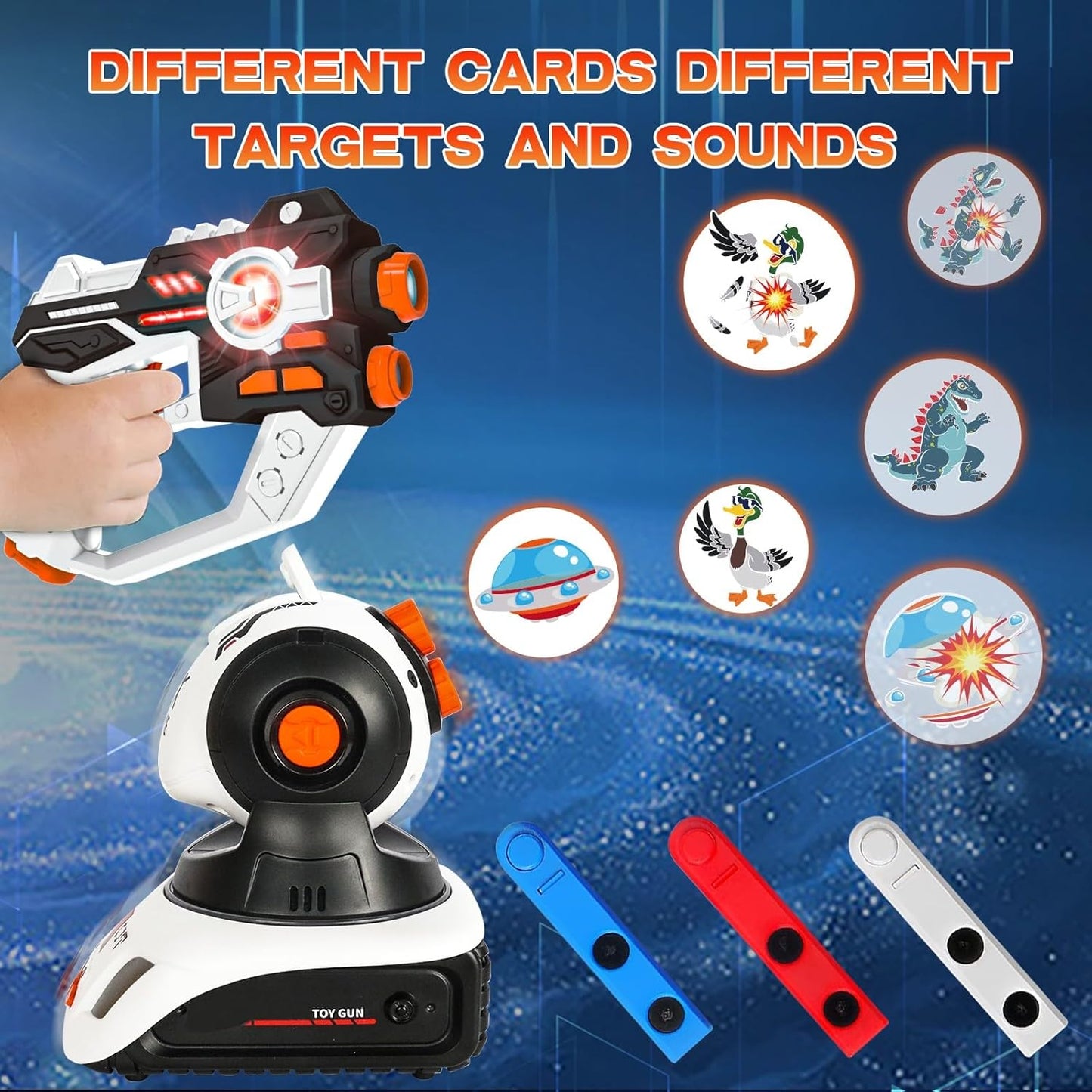Set pistol de jucarie cu laser si proiector tinte, pentru interior si exterior, doua moduri joaca, cu efecte de lumini, sunete si vibratii, multifunctional
