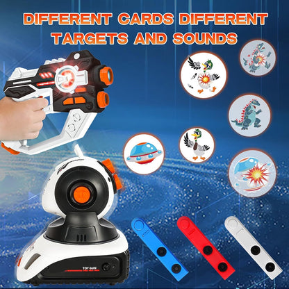 Set pistol de jucarie cu laser si proiector tinte, pentru interior si exterior, doua moduri joaca, cu efecte de lumini, sunete si vibratii, multifunctional