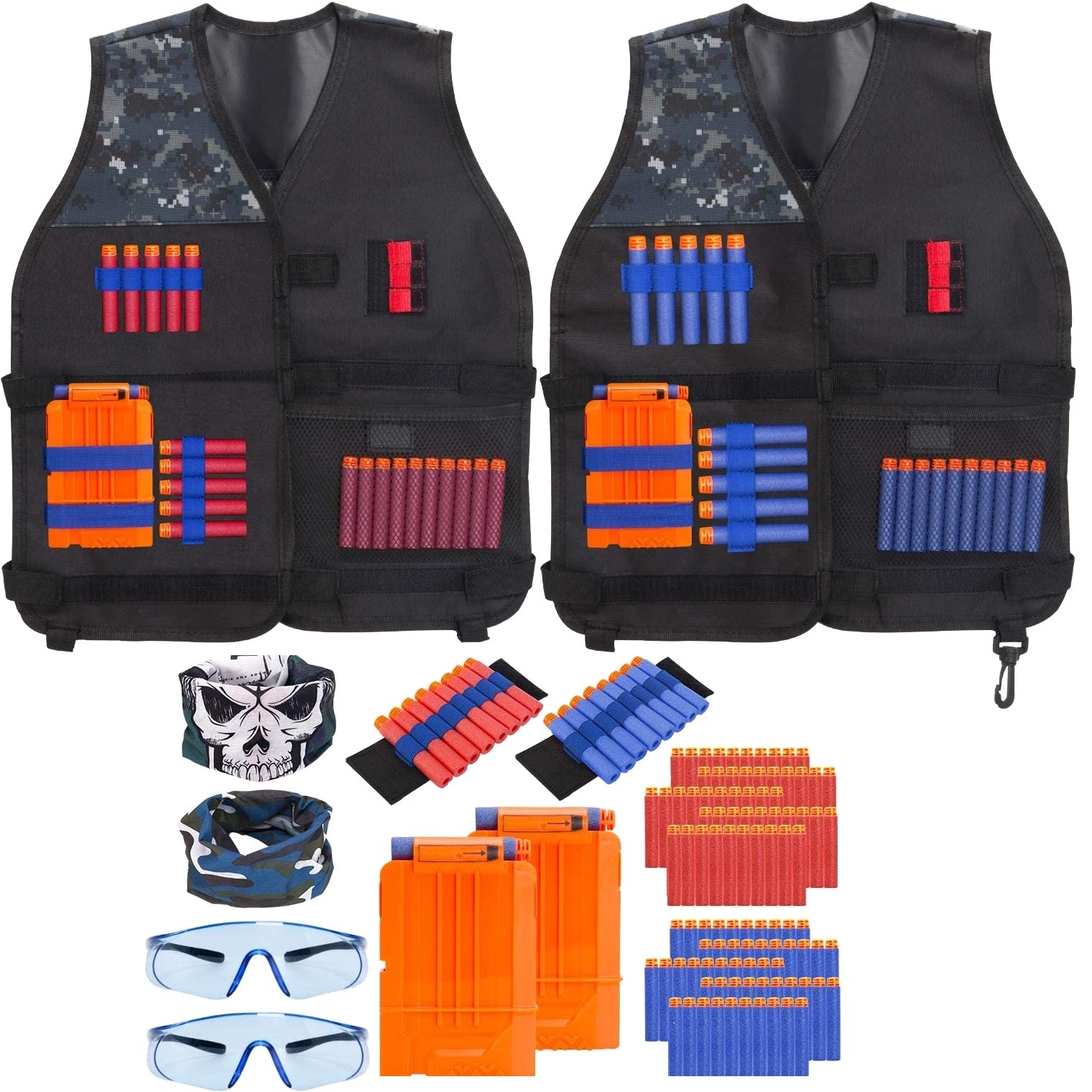 Set 2 X vesta compatibila cu Nerf N-Strike Elite Series, Tactical vest, cu masti, 100 sageti burete, 2 bratari si incarcatoare