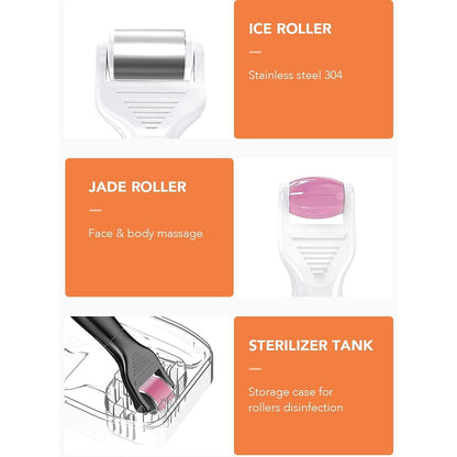 Rola Dermatologica 7 in 1 Dermaroller cu capete interschimbabile Roller Jade, Ice Roller, pentru intinerirea pielii, ingrijirea fetei, antirid, caderea parului, cresterea barbii, masaj, negru