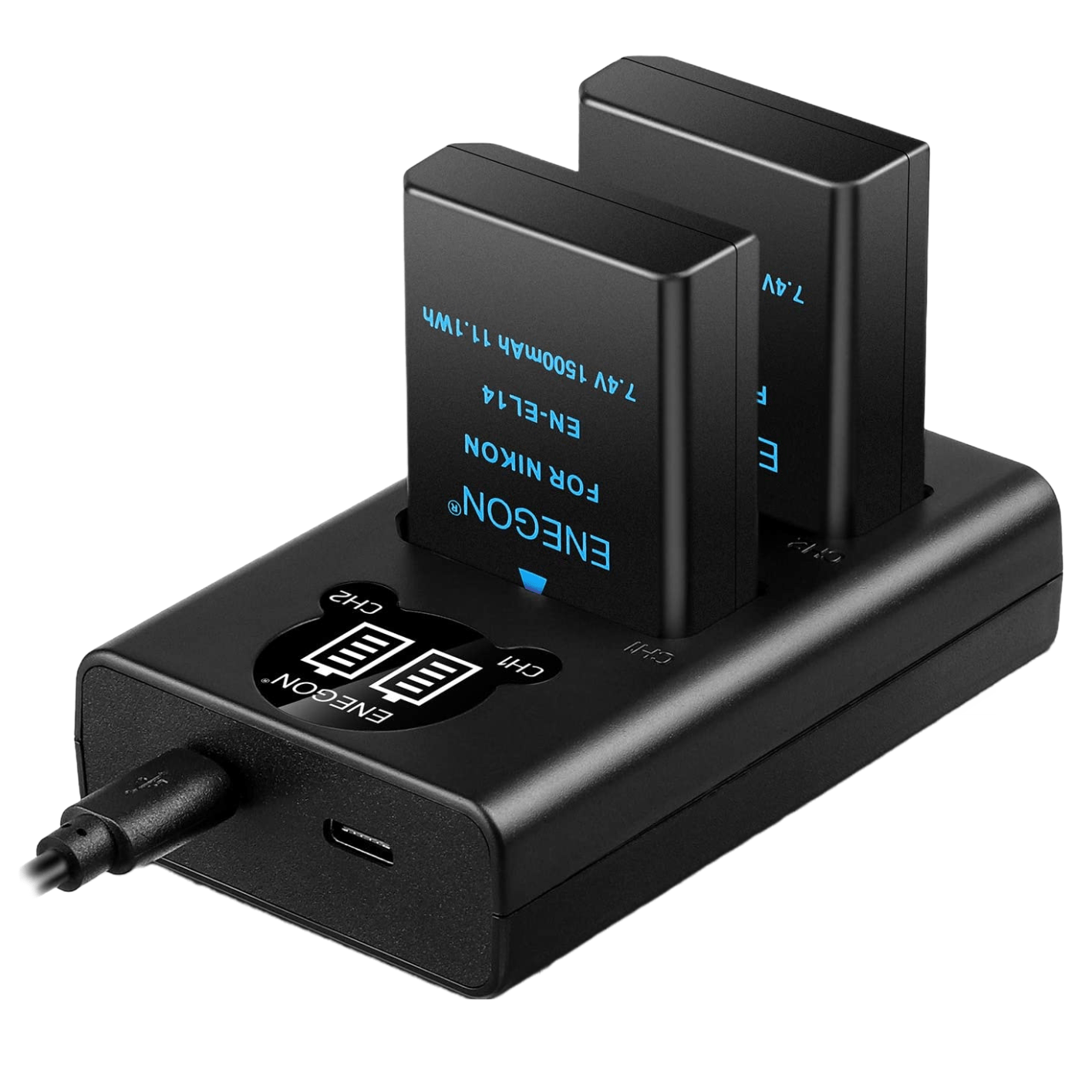 Set de 2 acumulatori EN-EL14 1500 mAh si incarcator dublu cu afisaj LED, pentru Nikon Coolpix P7000, P7100, P7700, P7800, P8000 DSLR D3100, D3200, D3300, D3400000000, D5500