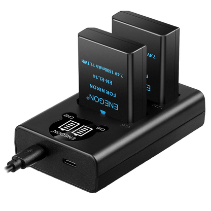 Set de 2 acumulatori EN-EL14 1500 mAh si incarcator dublu cu afisaj LED, pentru Nikon Coolpix P7000, P7100, P7700, P7800, P8000 DSLR D3100, D3200, D3300, D3400000000, D5500