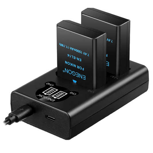 Set de 2 acumulatori EN-EL14 1500 mAh si incarcator dublu cu afisaj LED, pentru Nikon Coolpix P7000, P7100, P7700, P7800, P8000 DSLR D3100, D3200, D3300, D3400000000, D5500