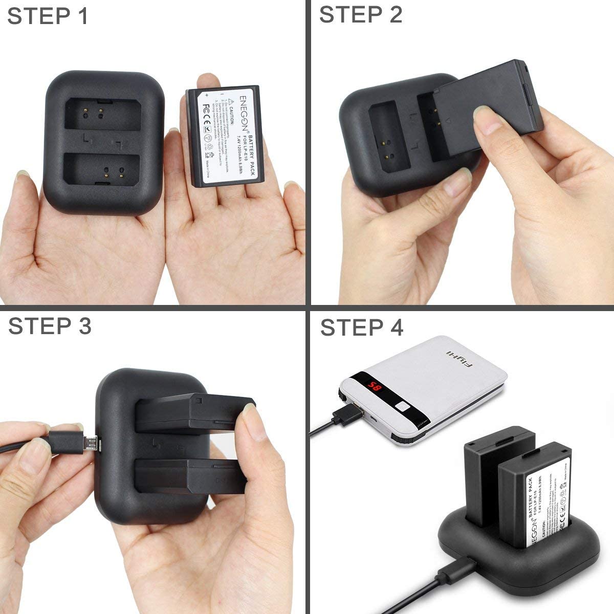 Set de 2 acumulatori LP-E10 1200 mAh si incarcator rapid dublu, pentru Canon EOS Rebel T3, T5, T6, T7, T100, Kiss X50, Kiss X70, EOS 1100D, 1200D, 1300D, 1500D, 20000D