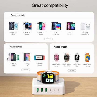 Incarcator retea 125W cu stand incarcare magnetic pentru Apple Watch, 3 porturi USB-C si 3 porturi USB-A, sursa alimentare cu incarcare rapida 20W pentru iPhone, iPad, Samsung, Huawei, Redmi