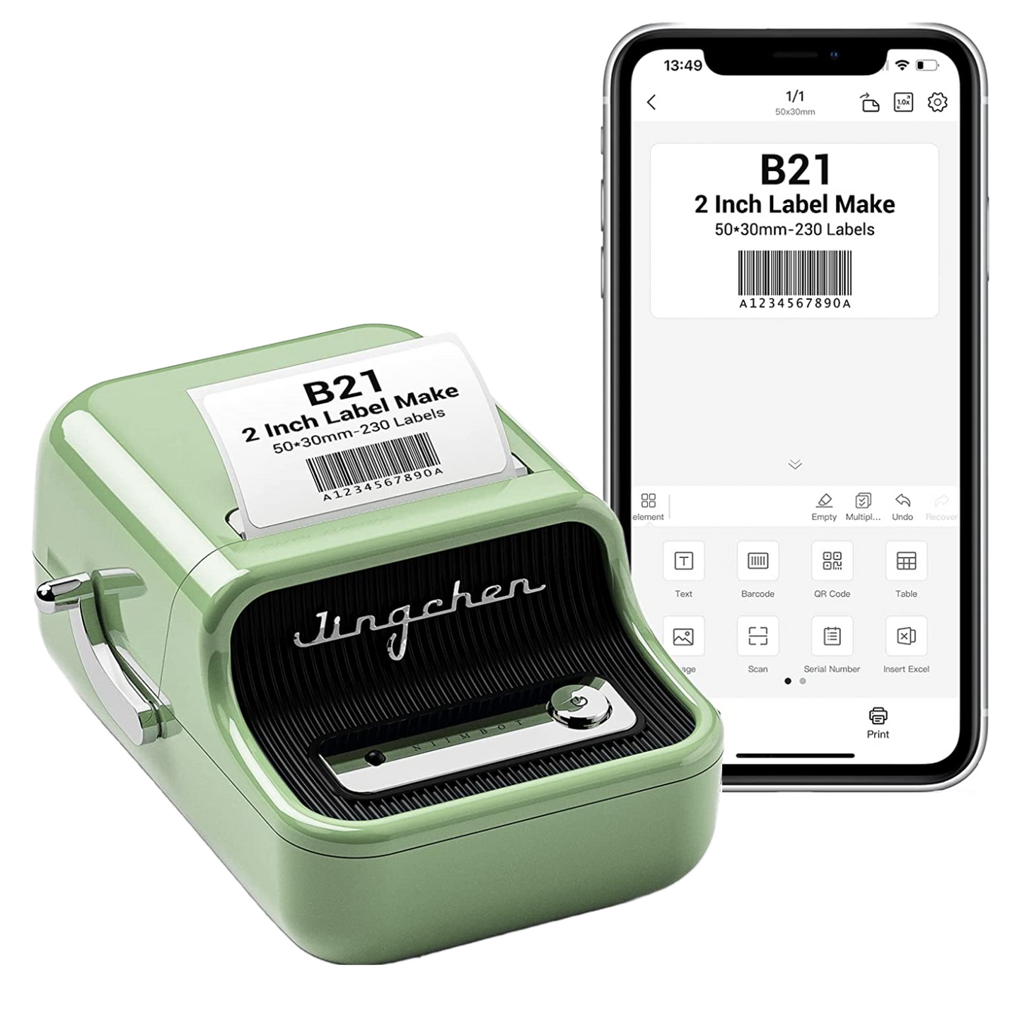 Imprimanta termica de etichete, Bluetooth, portabila, cu 1 rola etichete 50 x 30 mm, aspect vintage, verde, Deepin B21