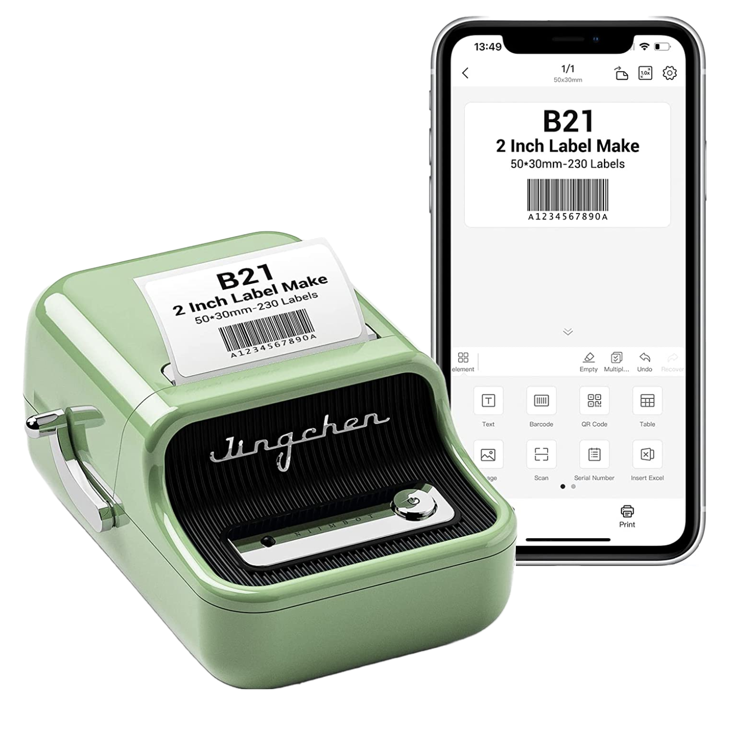 Imprimanta termica de etichete, Bluetooth, portabila, cu 1 rola etichete 50 x 30 mm, aspect vintage, verde, Deepin B21