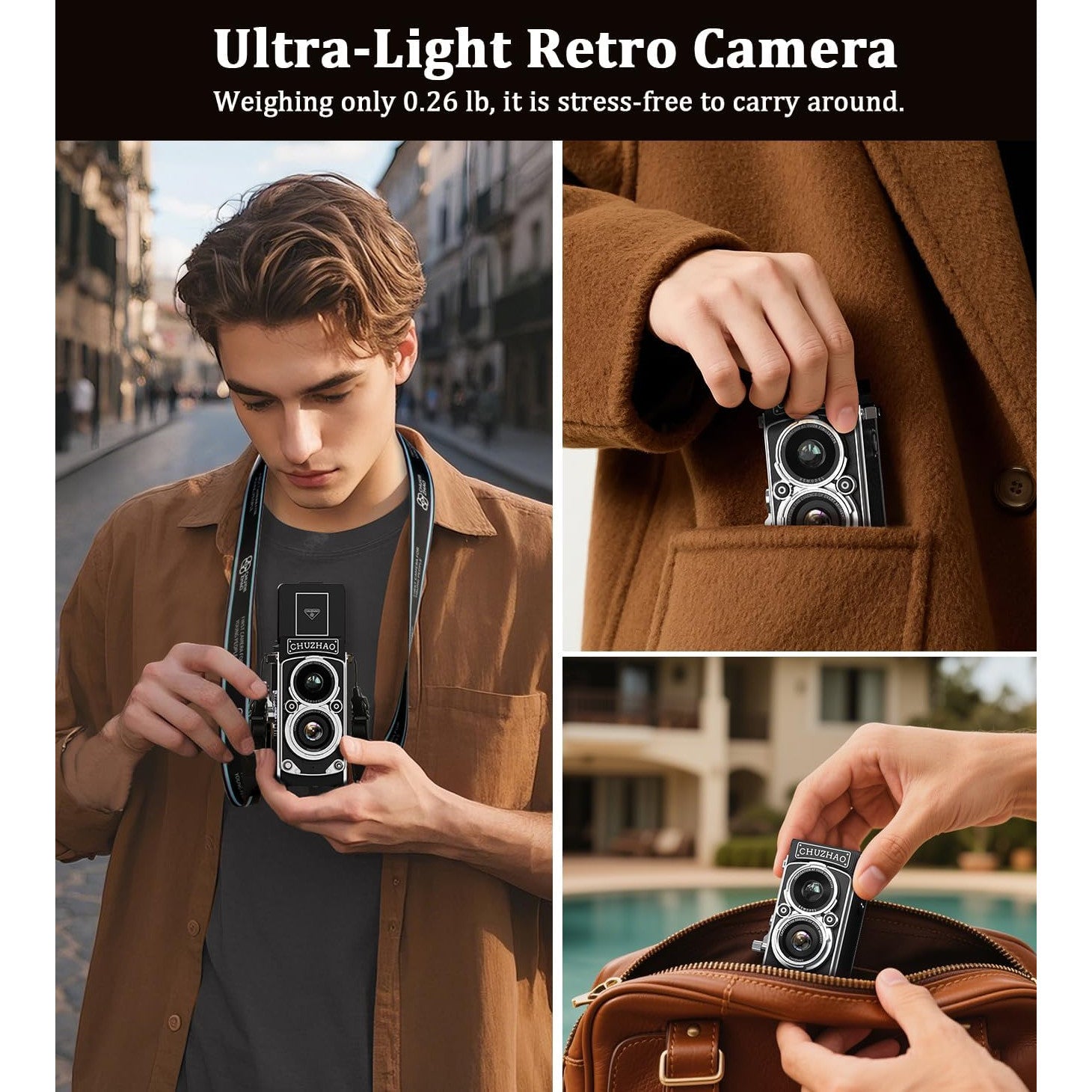 Camera digitala mini stil retro, 1080p FHD, 12 MP, cu manivela pentru focus, acumulator 1000 mAh, card memorie de 16 GB, filtru alb/negru, 8, 8 x 4.2 x 4 cm
