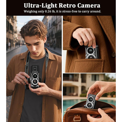Camera digitala mini stil retro, 1080p FHD, 12 MP, cu manivela pentru focus, acumulator 1000 mAh, card memorie de 16 GB, filtru alb/negru, 8, 8 x 4.2 x 4 cm