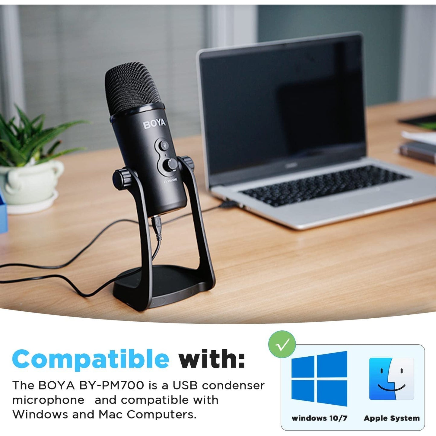 Microfon cu condensator BOYA BY-PM700, cu buton selectie polaritate Cardioid/Bidirectional/Omnidirectional/Stereo, cu stand, buton mute, iesire casti si surub mama 5/8", pentru PC