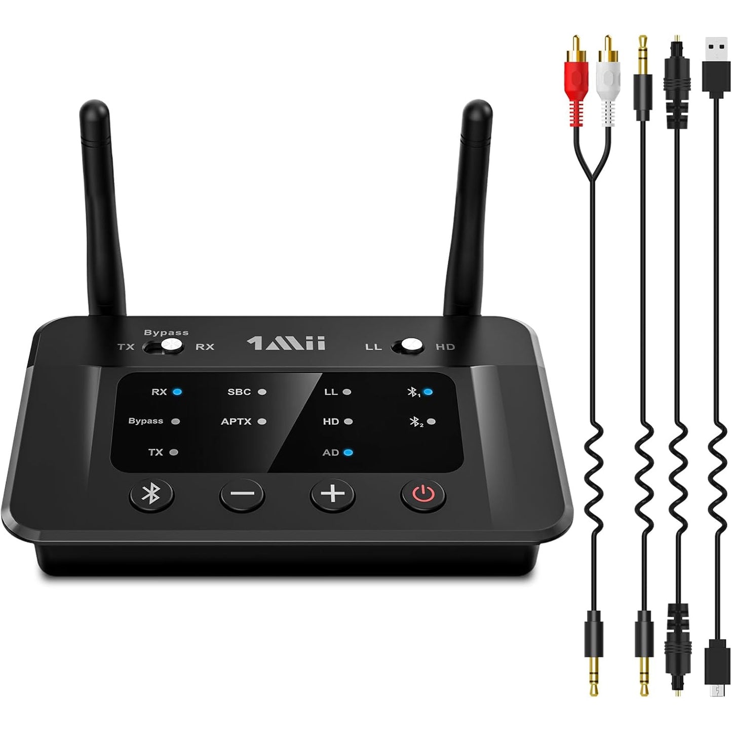 Transmitator si receptor Bluetooth 5.3, adaptor wireless aptX HD cu latenta scazuta, conectare doua dispozitive simultan, mod bypass, raza de actiune 70 metri, multifunctional, negru